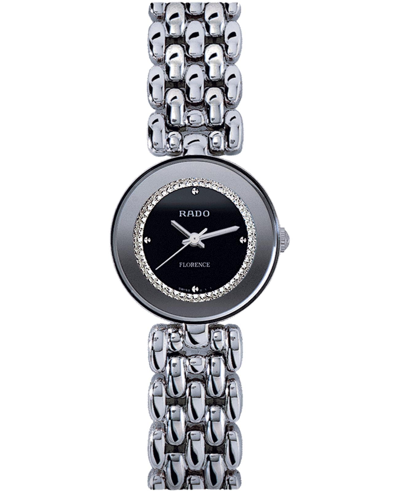 Rado Rado Florence Rondo R48744163  R48744163 кварцевые женские часы черный циферблат, браслет нержавеющая сталь — вид спереди