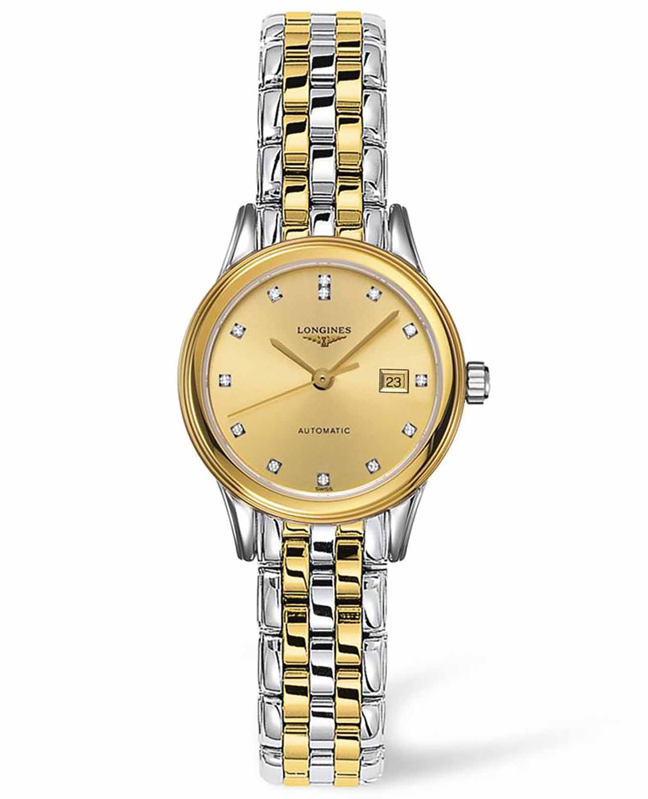 Longines Longines Flagship L4.374.3.37.7  L43743377 механические женские часы золотой циферблат, браслет сталь c pvd покрытием — вид спереди