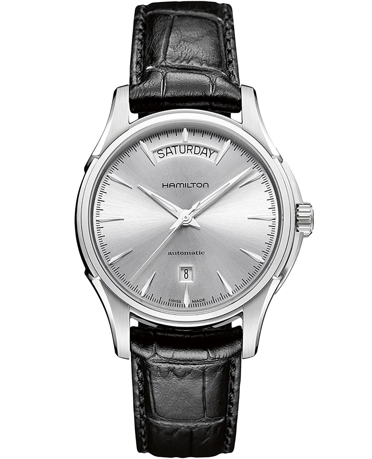 Hamilton Hamilton Jazzmaster Day Date Auto H32505751  H32505751 механические мужские часы серебристый циферблат, браслет кожаный — вид спереди
