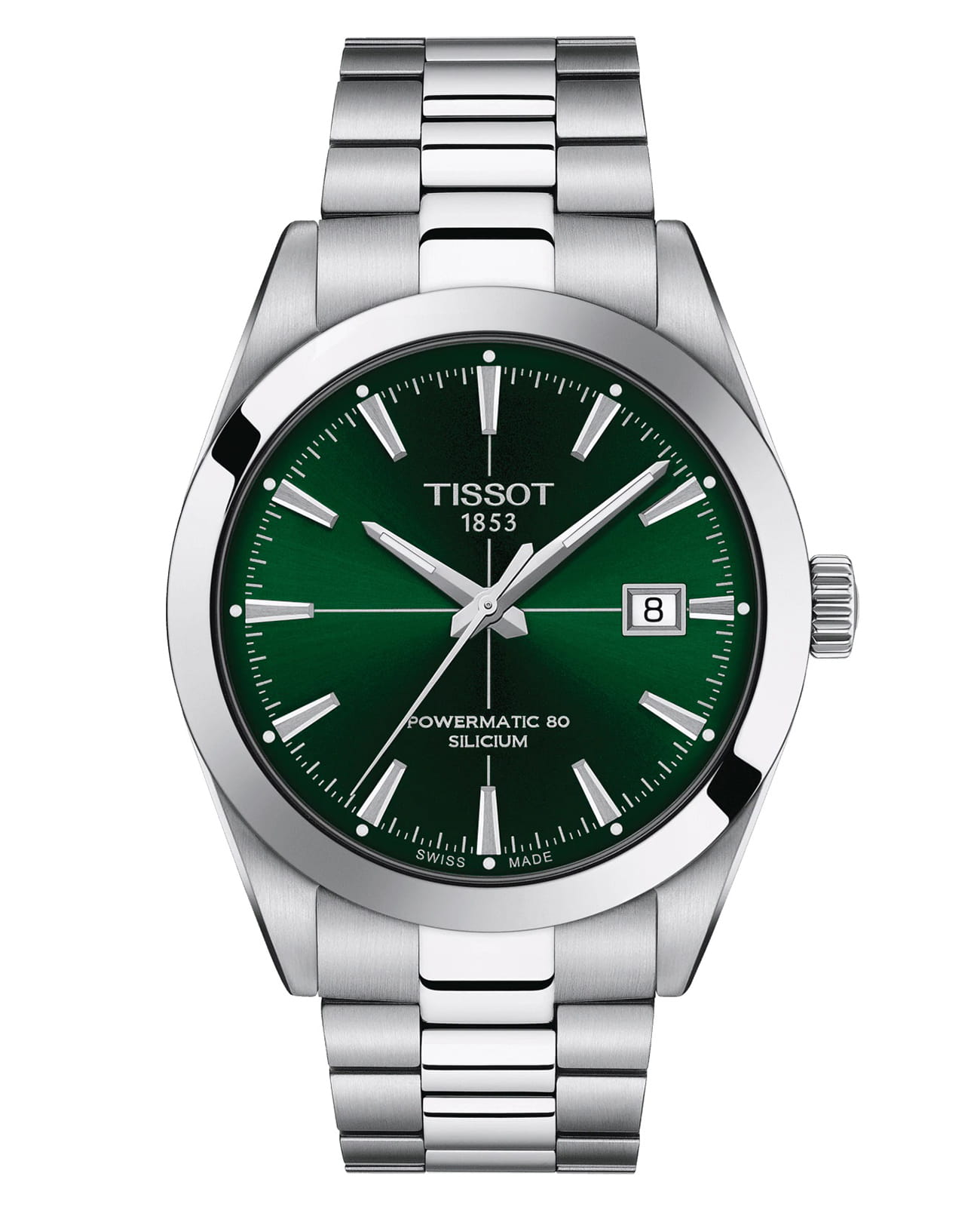 Tissot Tissot Gentleman Powermatic 80 Silicium T127.407.11.091.01 Gentleman T1274071109101 механические мужские часы зеленый циферблат, браслет нержавеющая сталь — вид спереди