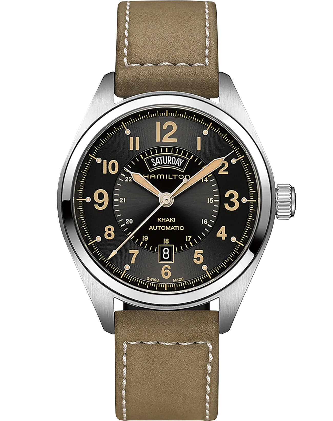 Hamilton Hamilton Khaki Field Day Date H70505833  H70505833 механические мужские часы черный циферблат, браслет кожаный — вид спереди
