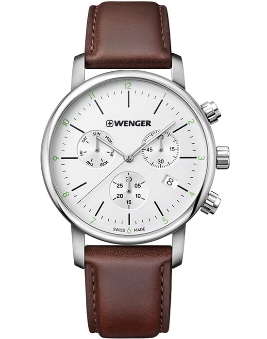 Wenger 01.1743.101  01.1743.101 кварцевые мужские часы белый циферблат, браслет кожаный — вид спереди