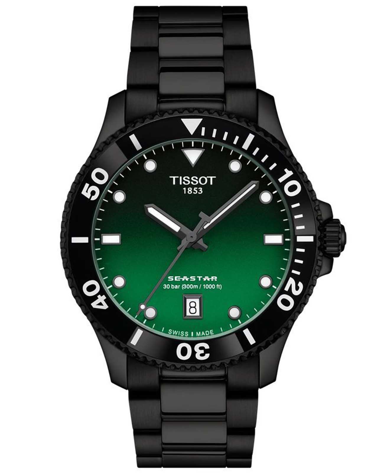 Tissot Tissot Seastar 1000 Quartz 40mm T120.410.33.091.00 Seastar 1000 T1204103309100 кварцевые мужские часы зеленый циферблат, браслет сталь c pvd покрытием — вид спереди