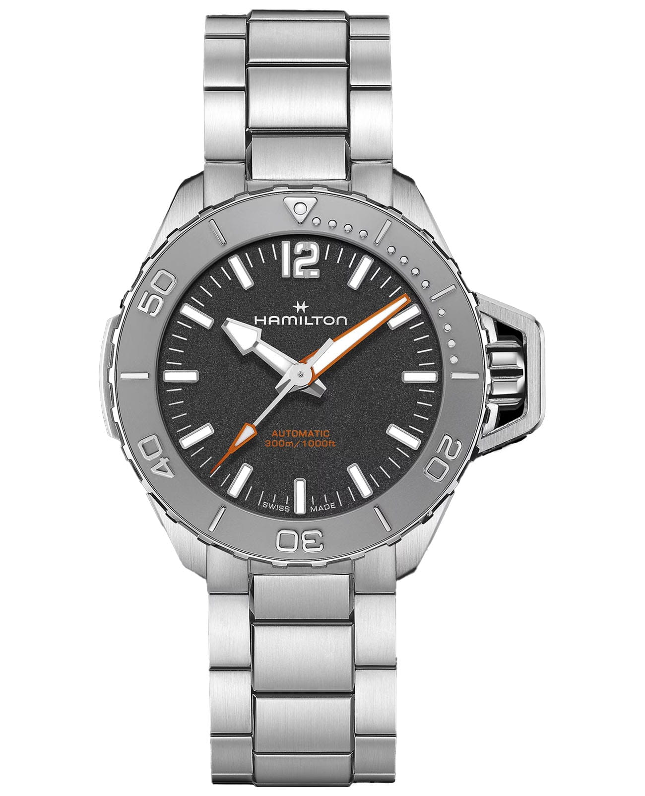 Hamilton Hamilton Khaki Navy Frogman Auto H77485130  H77485130 механические мужские часы черный циферблат, браслет нержавеющая сталь — вид спереди