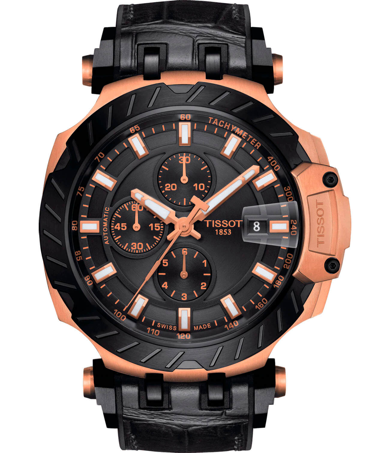 Tissot Tissot T-Race Automatic Chronograph T115.427.37.051.01 T Race T1154273705101 механические мужские часы черный циферблат, браслет кожаный — вид спереди