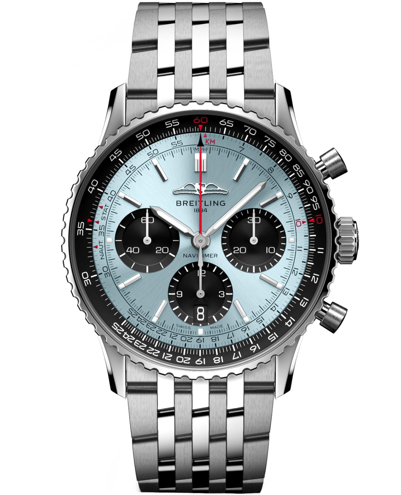 Breitling Breitling Navitimer B01 Chronograph 41 AB0139241C2A1  AB0139241C2A1 механические мужские часы голубой циферблат, браслет нержавеющая сталь — вид спереди