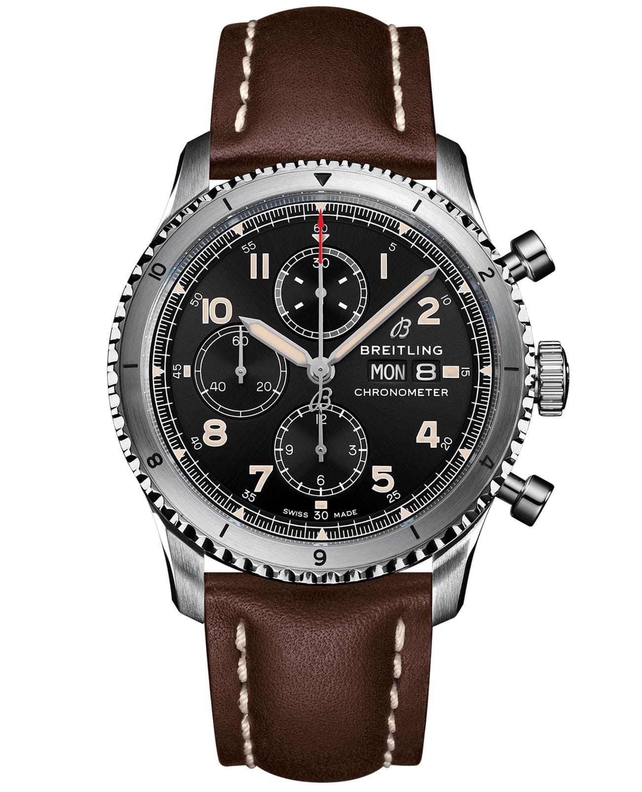 Breitling Breitling Aviator 8 Chronograph 43 A13316101B1X3  A13316101B1X3 механические мужские часы черный циферблат, браслет кожаный — вид спереди