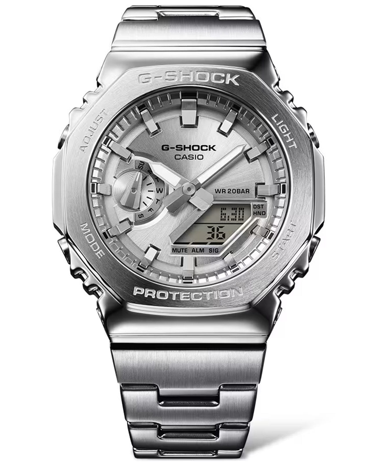Casio Casio G-Shock GM-2110D-7A  GM-2110D-7A электронные мужские часы серебристый циферблат, браслет нержавеющая сталь — вид спереди