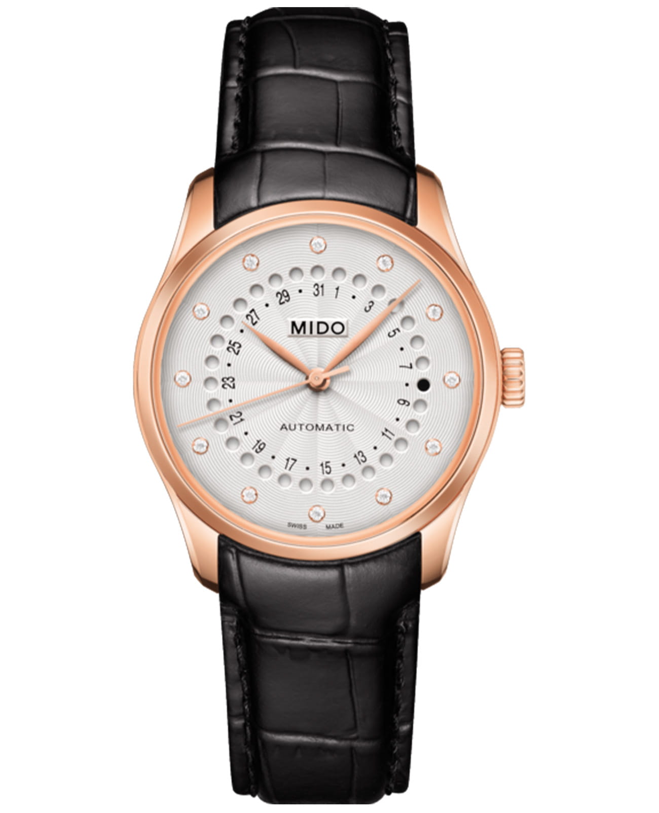 Mido Mido Belluna M024.207.36.036.00  M0242073603600 механические мужские часы белый циферблат, браслет кожаный — вид спереди
