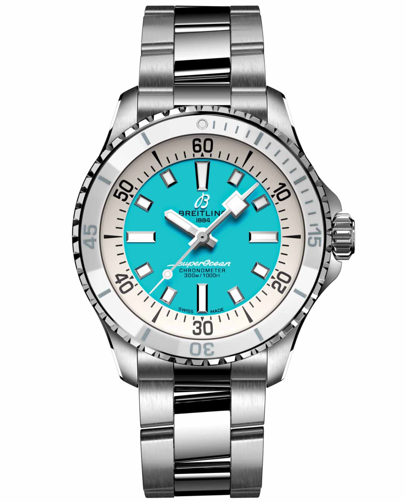 Breitling Breitling Superocean Automatic 36 A17377211C1A1  A17377211C1A1 механические мужские часы голубой циферблат, браслет нержавеющая сталь — вид спереди