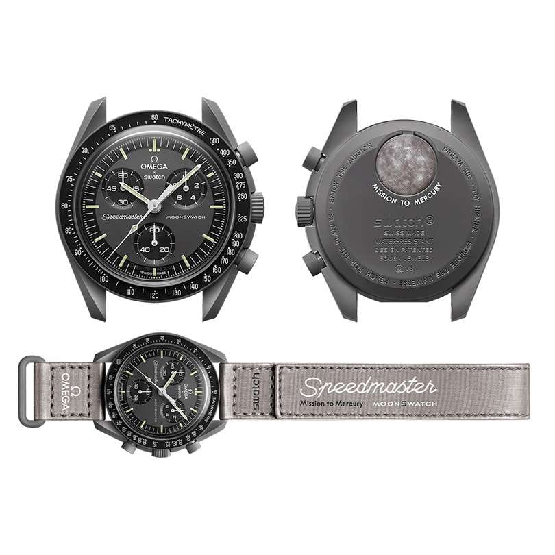 Swatch Swatch x Omega Bioceramic Moonswatch Mission to Mercury SO33A100, swatch x omega moonwatch швейцария мужские часы на браслете нейлон боковой вид