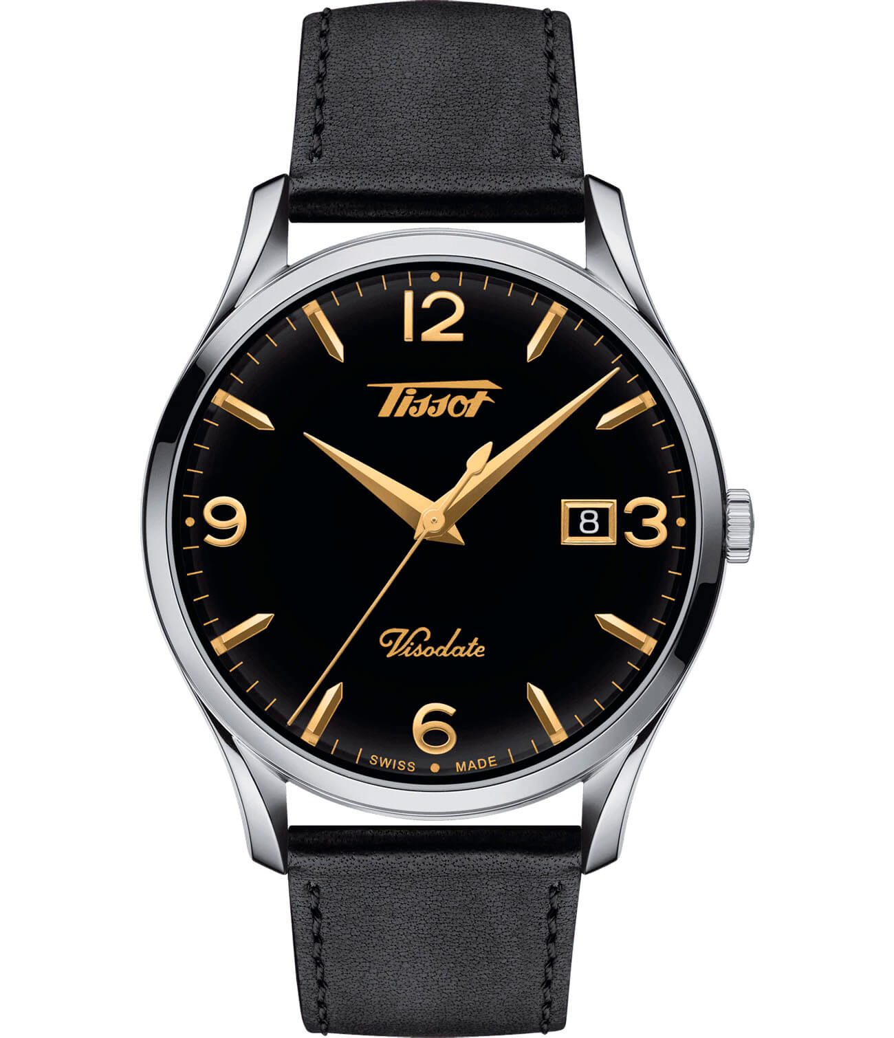 Tissot Tissot Heritage Visodate T118.410.16.057.01 Visodate T1184101605701 кварцевые мужские часы черный циферблат, браслет кожаный — вид спереди