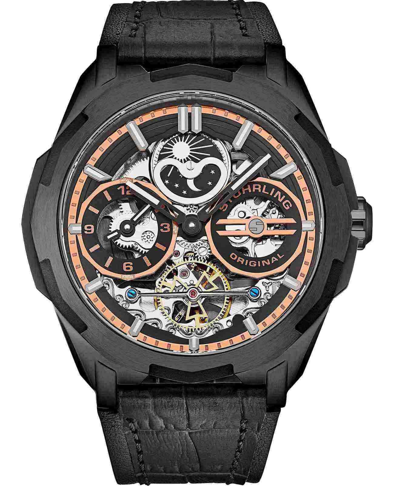 Stuhrling Stuhrling Navigator 1012.04  1012.04 механические мужские часы черный циферблат, браслет кожаный — вид спереди