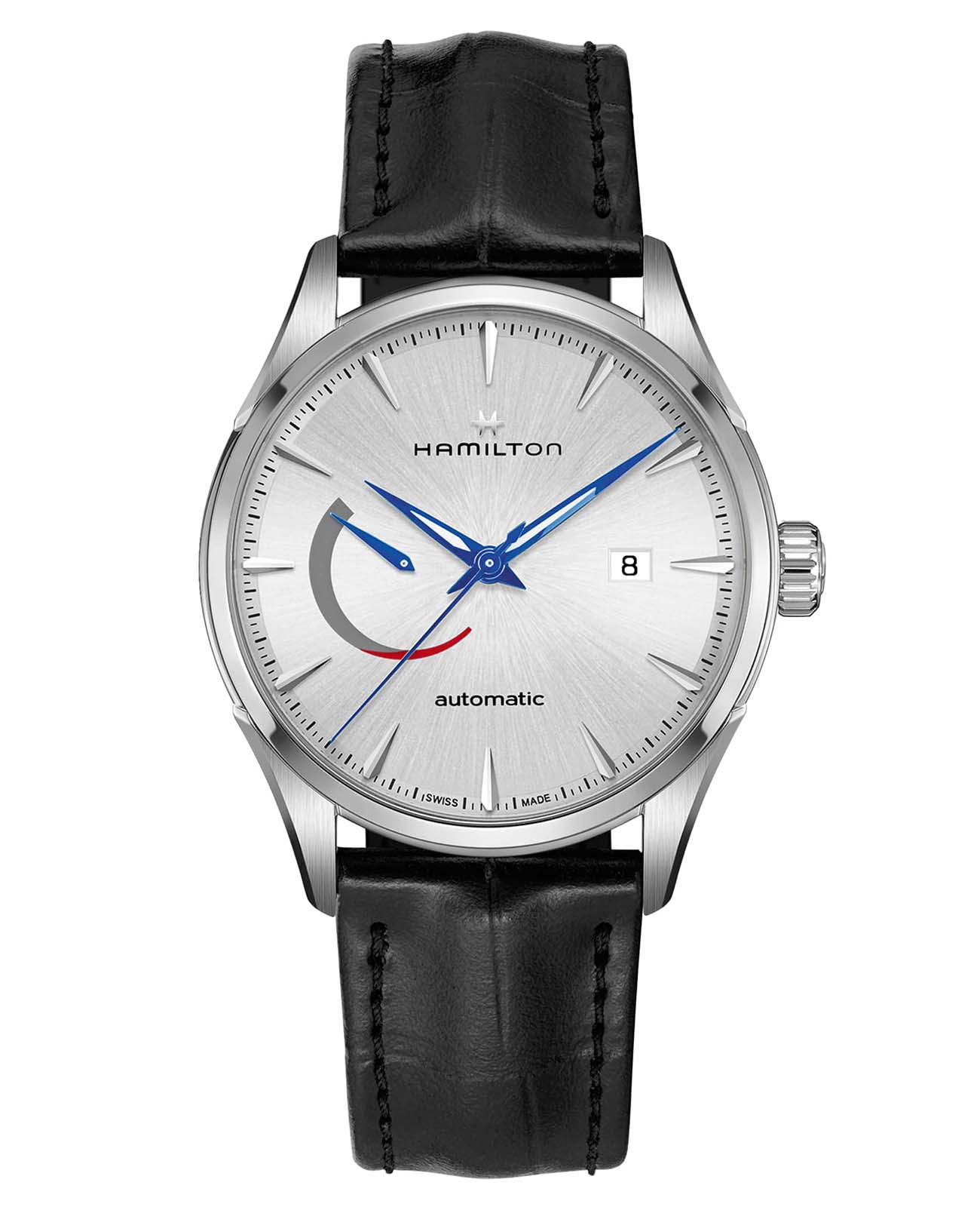 Hamilton Hamilton Jazzmaster Power Reserve Auto H32635781  H32635781 механические мужские часы серебристый циферблат, браслет кожаный — вид спереди