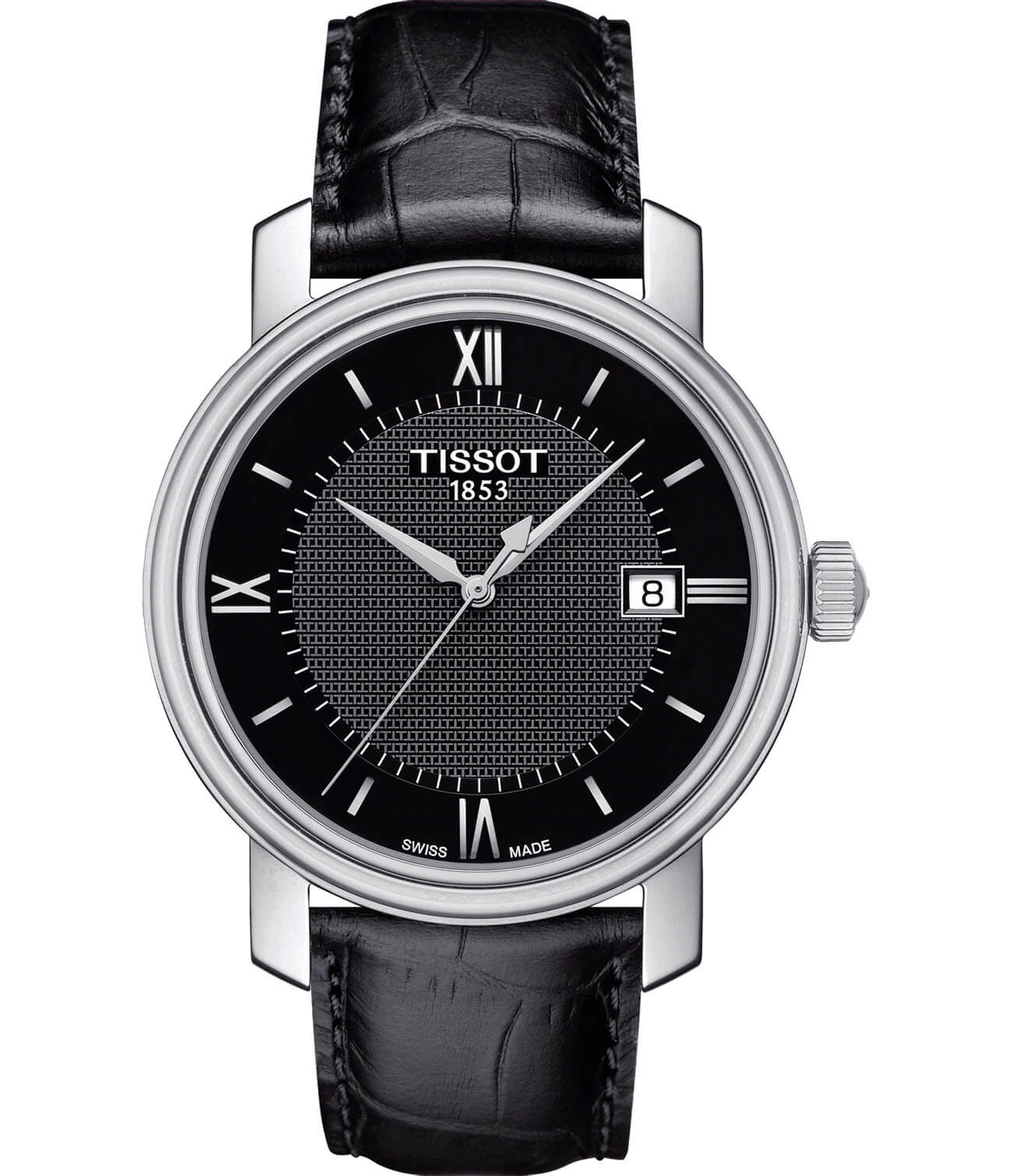 Tissot Tissot Bridgeport T097.410.16.058.00 Bridgeport T0974101605800 кварцевые мужские часы черный циферблат, браслет кожаный — вид спереди