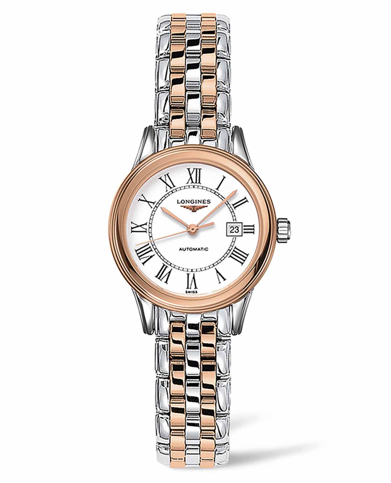 Longines Longines Flagship L4.374.3.91.7  L43743917 механические женские часы белый циферблат, браслет сталь c pvd покрытием — вид спереди