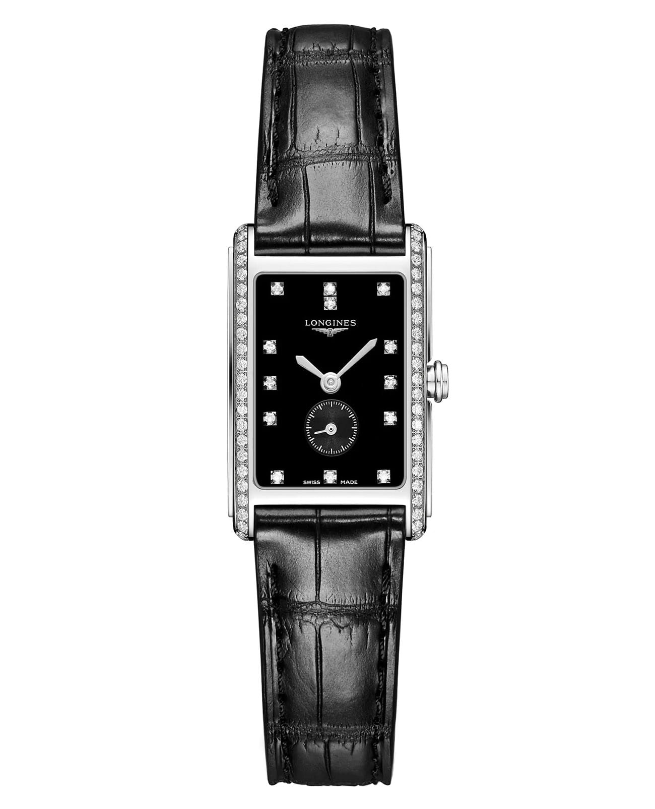 Longines Longines DolceVita L5.255.0.57.0  L52550570 кварцевые женские часы черный циферблат, браслет нержавеющая сталь — вид спереди