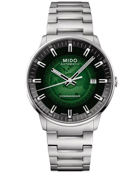 Mido Mido Commander Gradient M021.407.11.411.03   M0214071141103 механические мужские часы зеленый циферблат, браслет нержавеющая сталь — вид спереди