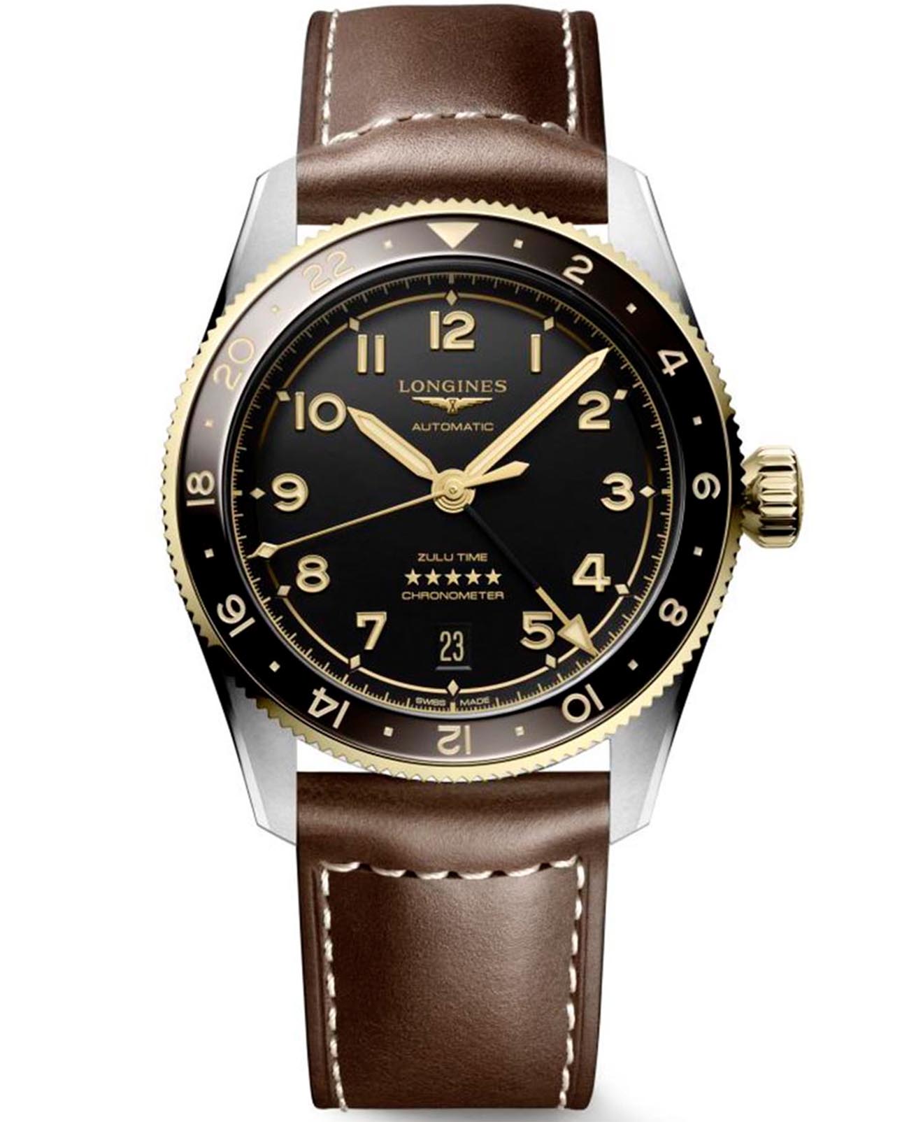 Longines Longines Spirit L3.802.5.53.2  L38025532 механические мужские часы черный циферблат, браслет кожаный — вид спереди