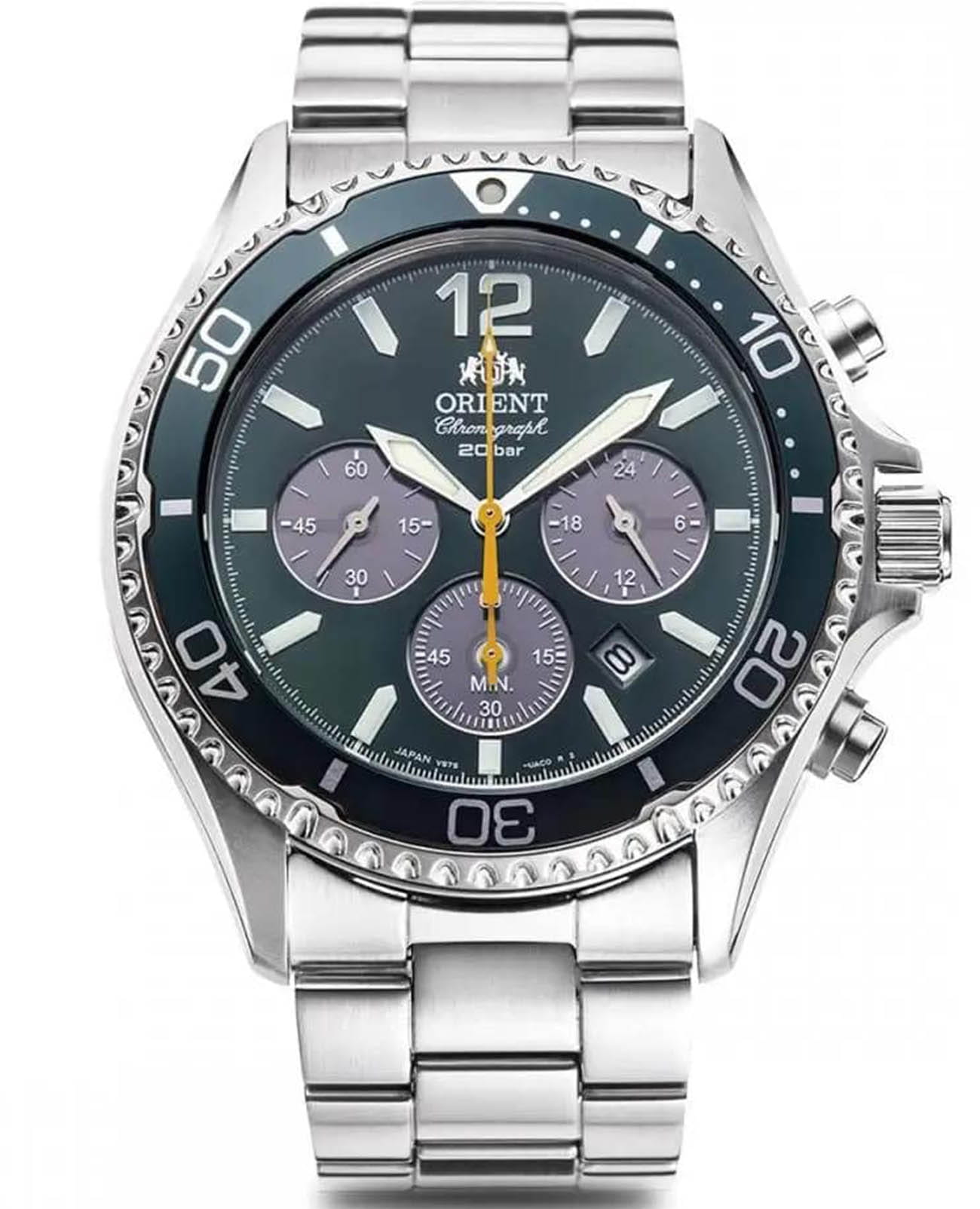 Orient Orient Chronograph Solar RA-TX0204E (RN-TX0204E)  RA-TX0204E кварцевые мужские часы зеленый циферблат, браслет нержавеющая сталь — вид спереди