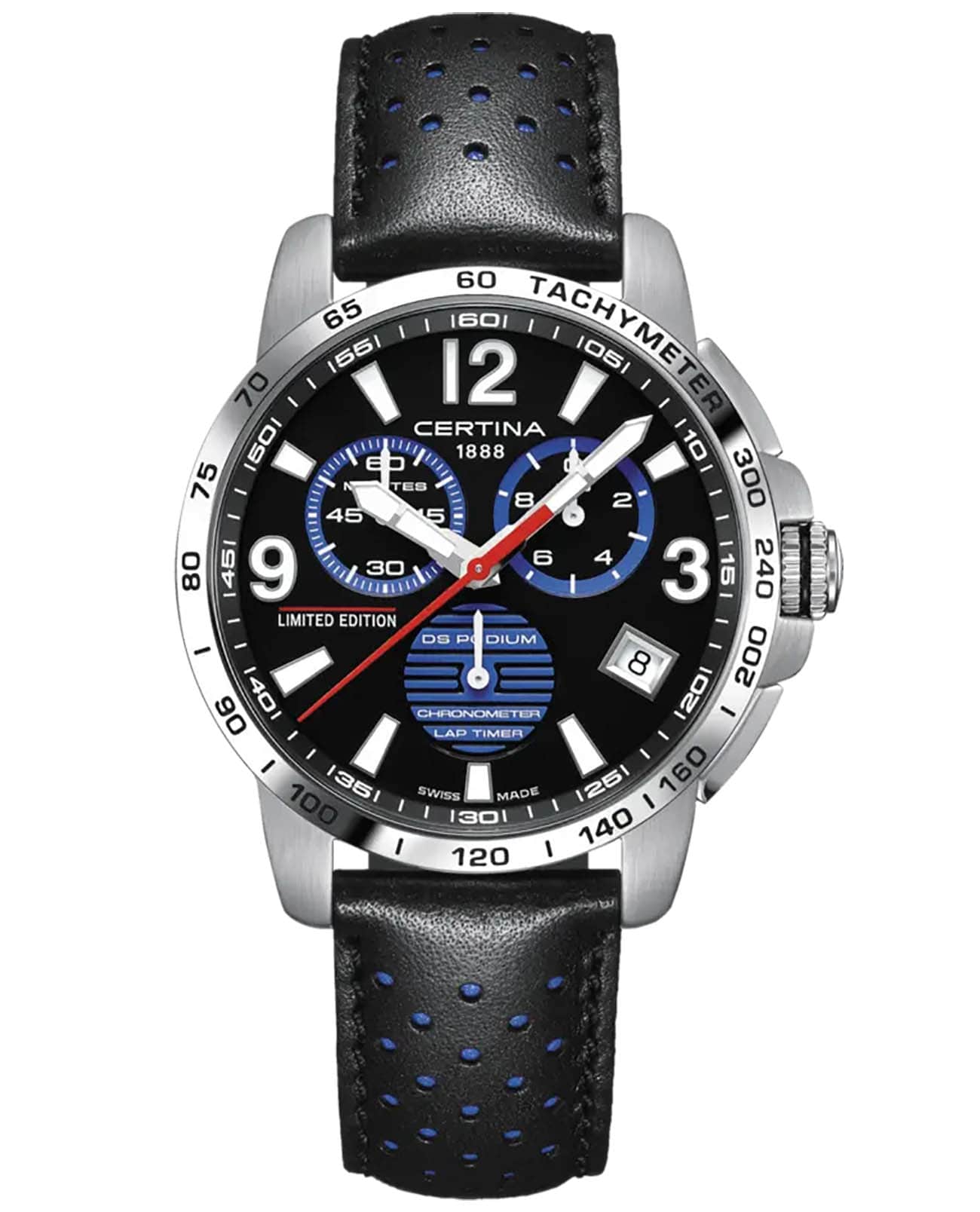 Certina Certina DS Podium Chronograph Lap Timer C034.453.16.057.20  C0344531605720 кварцевые мужские часы черный циферблат, браслет кожаный — вид спереди