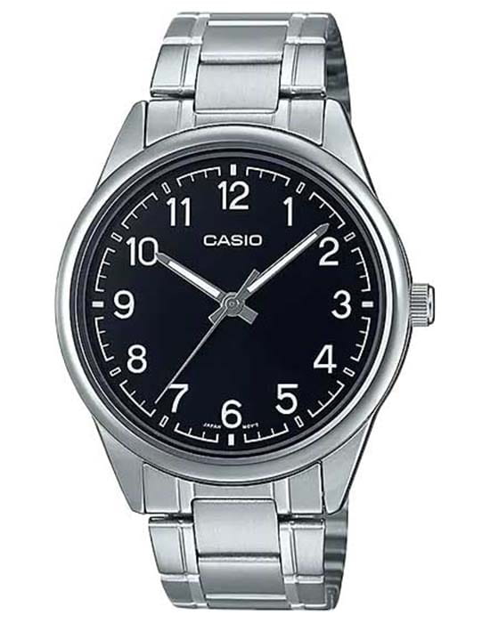 Casio Casio Collection MTP-V005D-1B4UDF (MTP-V005D-1B4)  MTP-V005D-1B4 кварцевые мужские часы черный циферблат, браслет нержавеющая сталь — вид спереди