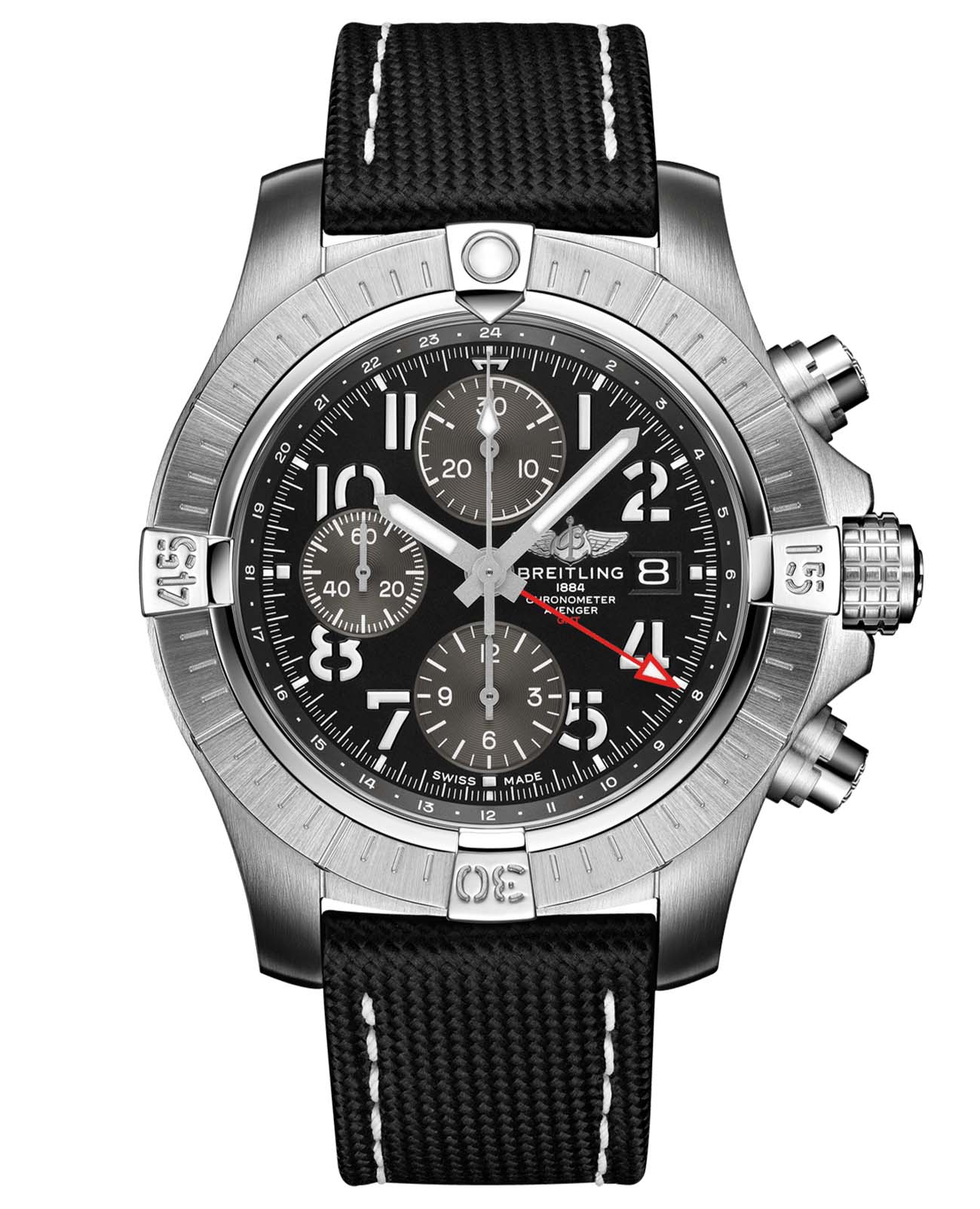 Breitling Breitling Avenger Chronograph GMT 45 A24315101B1X2  A24315101B1X2 механические мужские часы черный циферблат, браслет кожаный — вид спереди