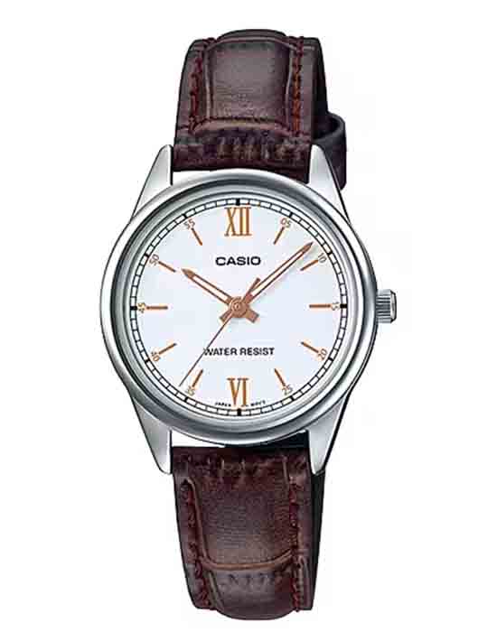 Casio Casio LTP-V005L-7B3  LTP-V005L-7B3 кварцевые женские часы белый циферблат, браслет кожаный — вид спереди