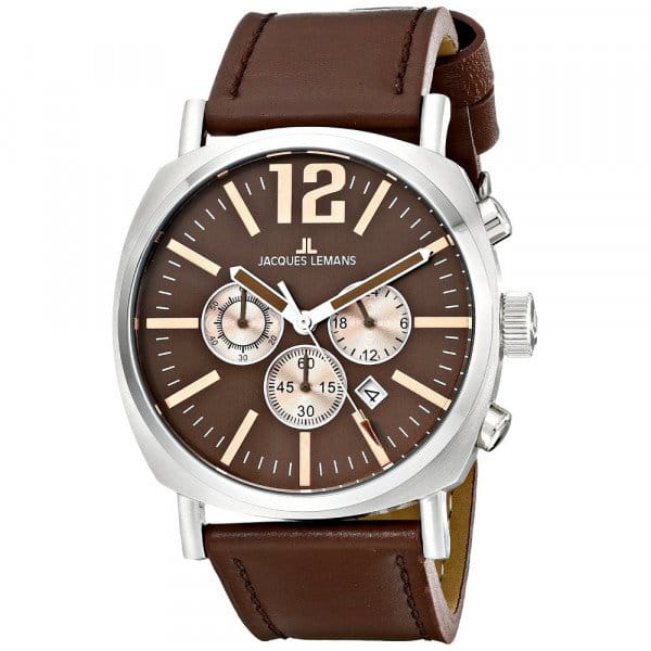 Jacques Lemans Jacques Lemans 1-1645G  1-1645G кварцевые мужские часы коричневый циферблат, браслет кожаный — вид спереди