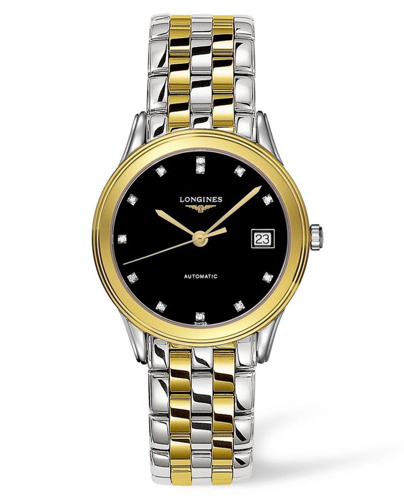 Longines Longines Flagship L4.774.3.57.7  L47743577 механические мужские часы черный циферблат, браслет сталь c pvd покрытием — вид спереди