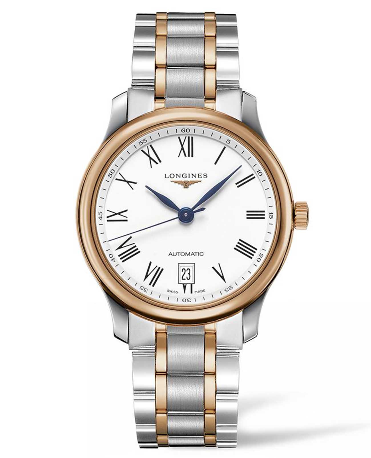 Longines Longines Master Collection L2.628.5.19.7  L26285197 механические мужские часы белый циферблат, браслет нержавеющая сталь + золото 18к — вид спереди