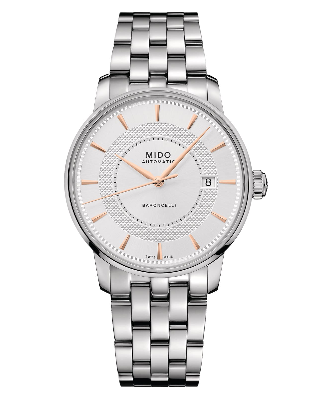 Mido Mido Baroncelli Signature M037.407.11.031.01  M0374071103101 механические мужские часы белый циферблат, браслет нержавеющая сталь — вид спереди