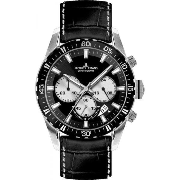 Jacques Lemans Jacques Lemans 1-1801A  1-1801A автокварц (кинетик) мужские часы черный циферблат, браслет кожаный — вид спереди