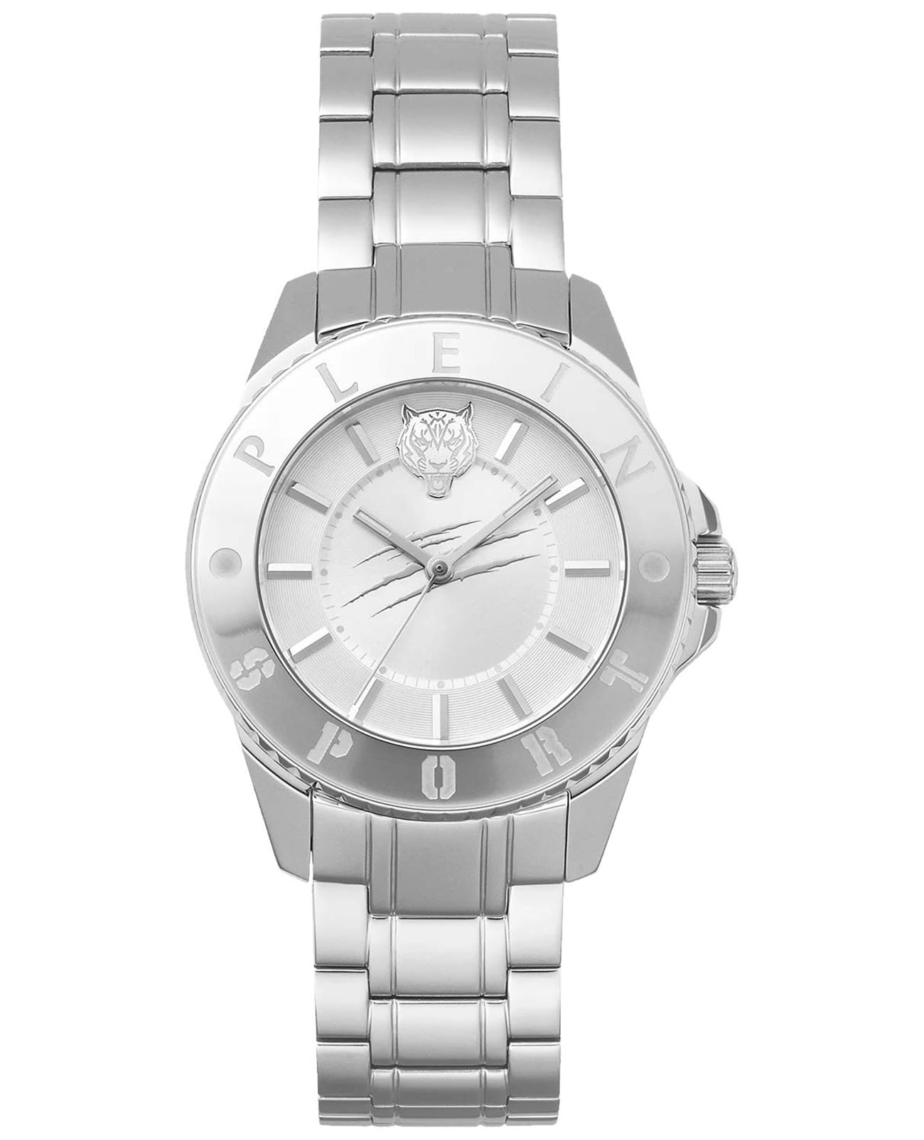 Plein Sport Plein Sport Glam PSKBA0623  PSKBA0623 кварцевые женские часы серебристый циферблат, браслет нержавеющая сталь — вид спереди