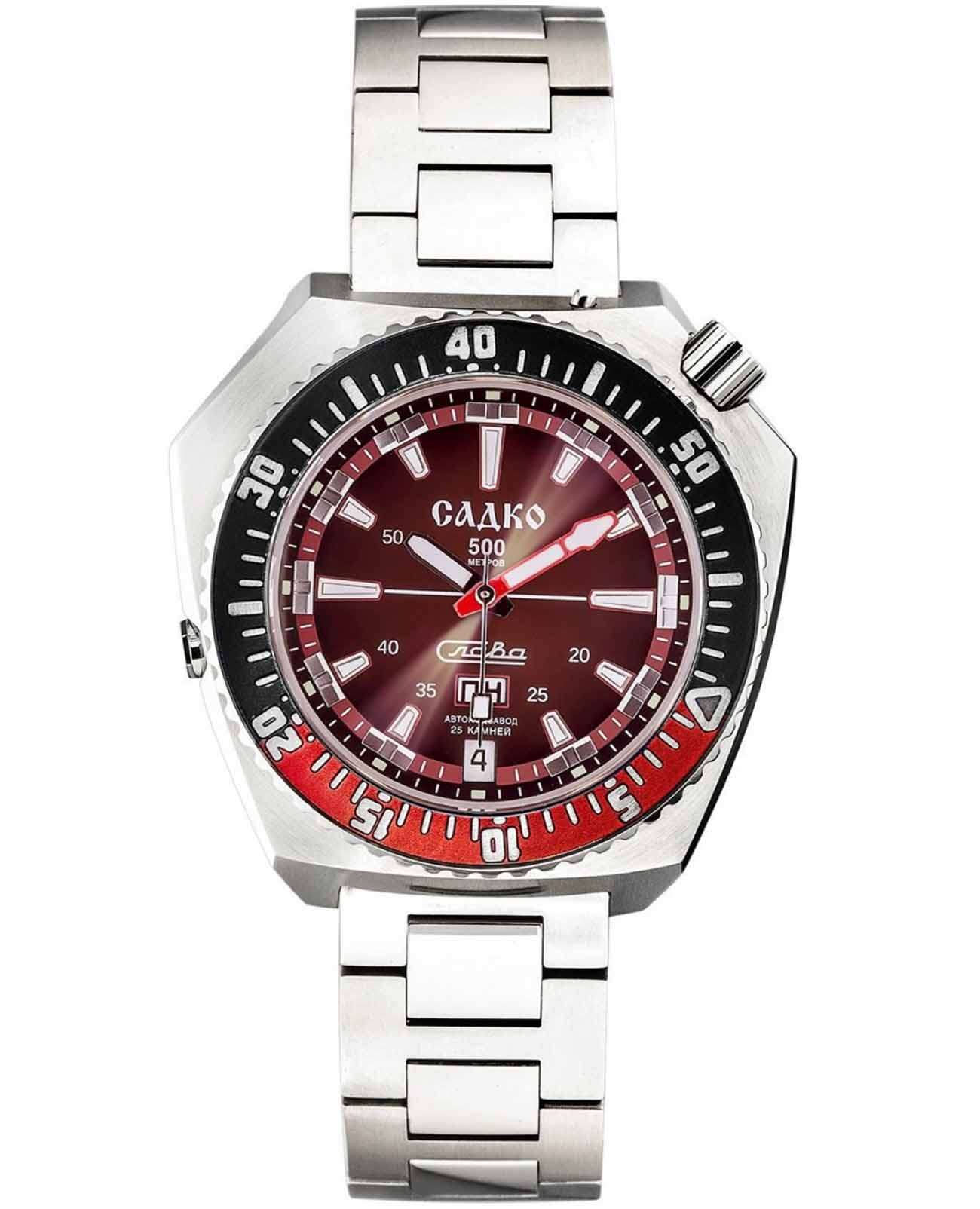 Слава Слава Садко 5000170/100-2427  5000170/100-2427 механические мужские часы красный циферблат, браслет нержавеющая сталь 316l — вид спереди