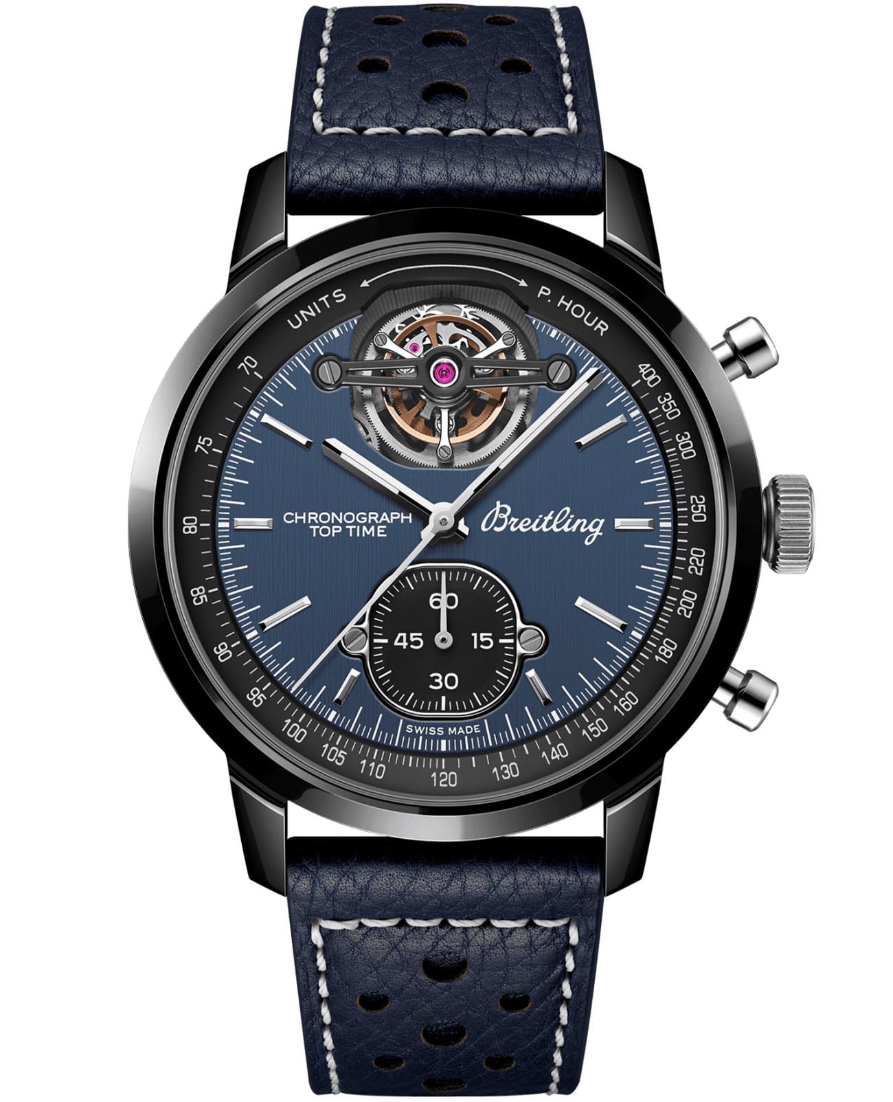 Breitling Breitling Top Time B21 Shelby Cobra SB21251A1C1X1  SB21251A1C1X1 механические мужские часы синий циферблат, браслет кожаный — вид спереди