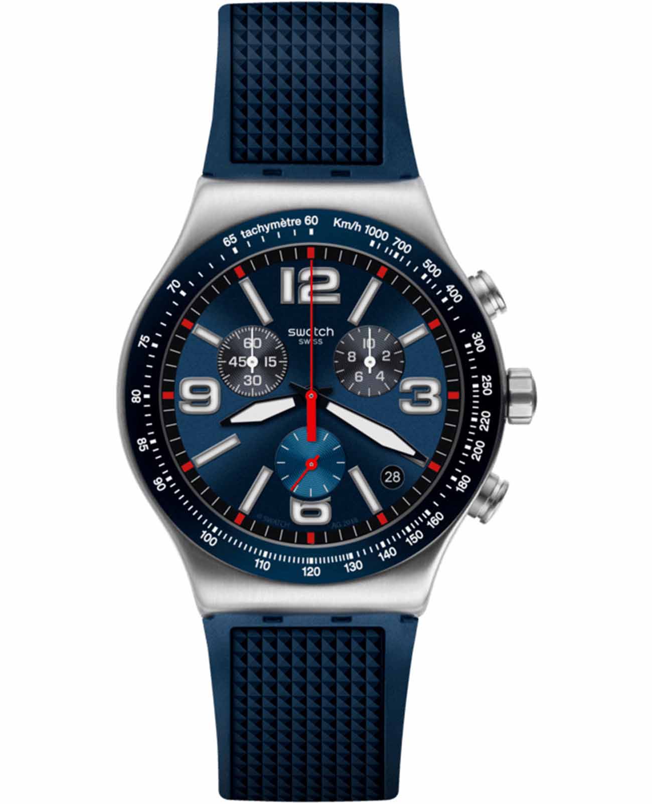 Swatch Swatch I New Chrono YVS454  YVS454 кварцевые мужские часы синий циферблат, браслет резина — вид спереди