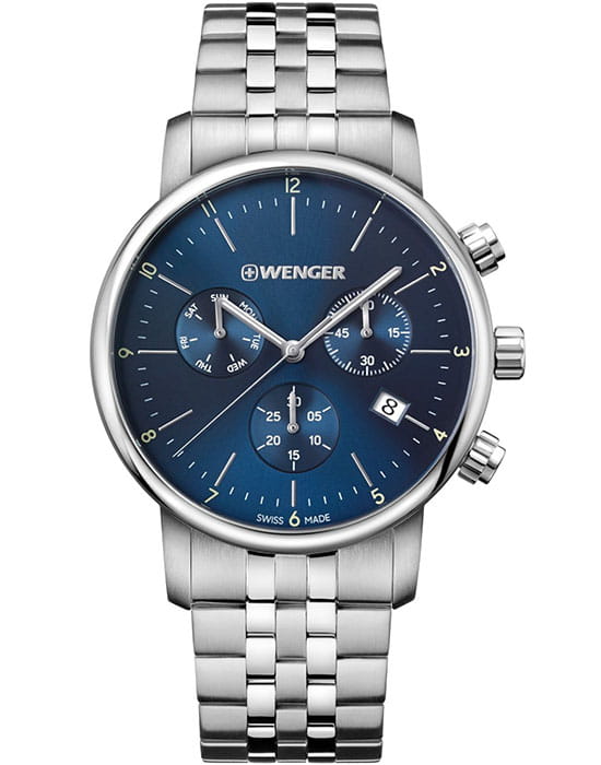 Wenger 01.1743.105  01.1743.105 кварцевые мужские часы синий циферблат, браслет нержавеющая сталь — вид спереди