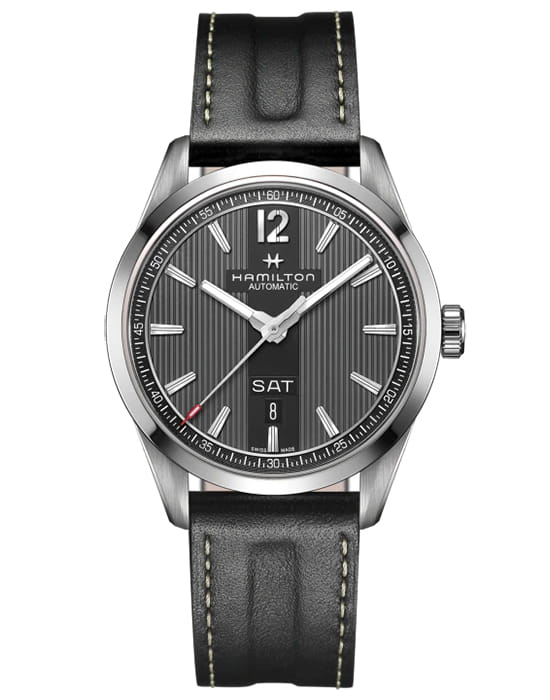Hamilton Hamilton Broadway Day Date Auto H43515735  H43515735 механические мужские часы черный циферблат, браслет кожаный — вид спереди
