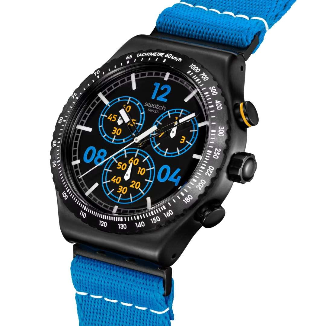 Swatch Swatch Moments In Blue YVB100, irony швейцария мужские часы на браслете тканевый боковой вид