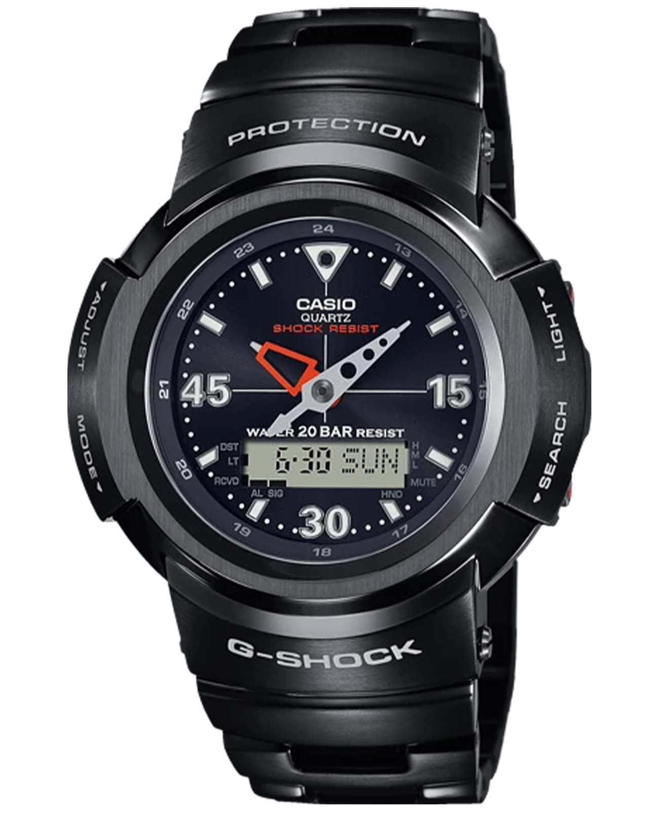 Casio Casio G-Shock AWM-500-1ADR  AWM-500-1ADR электронные мужские часы черный циферблат, браслет сталь с ip покрытием — вид спереди
