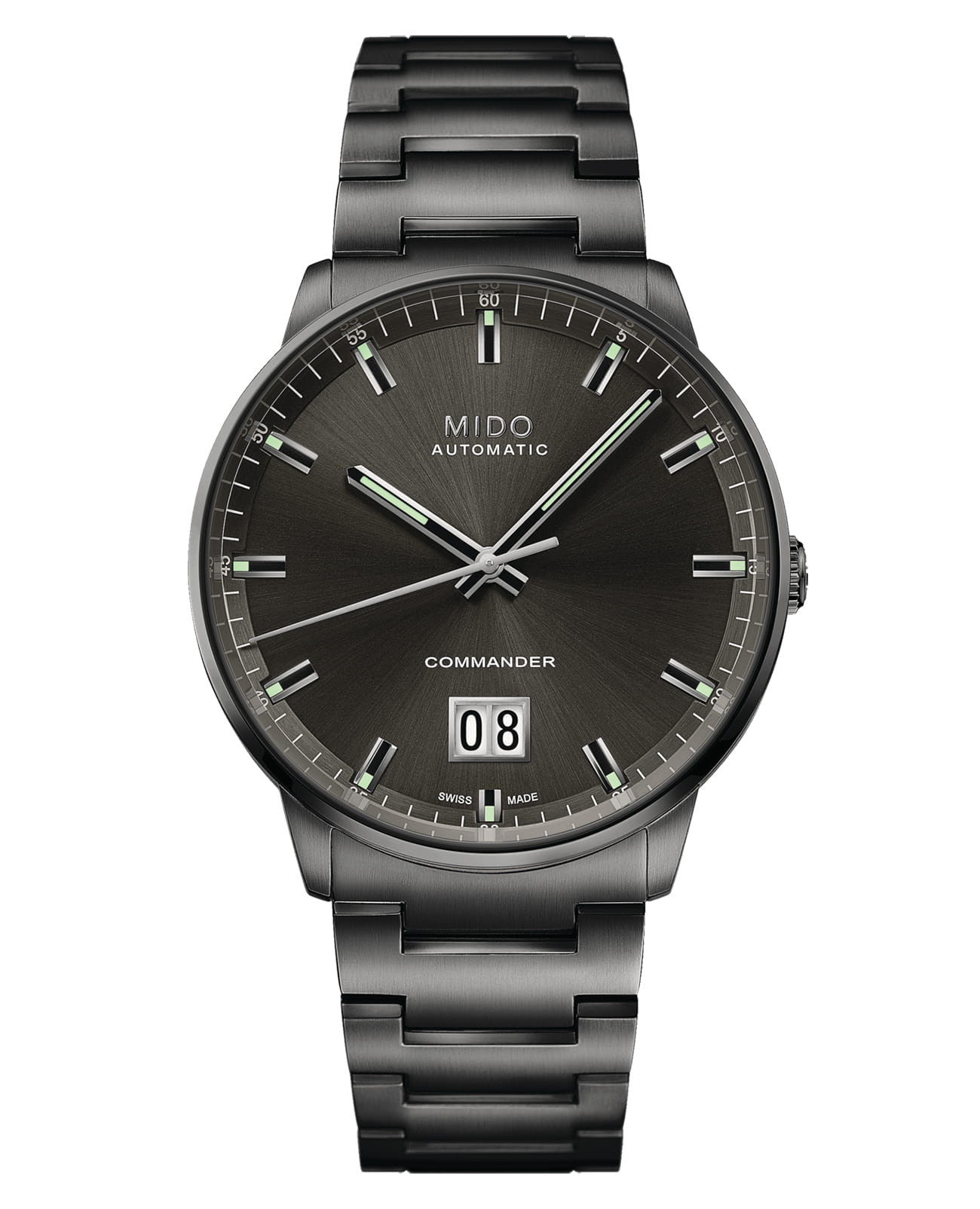 Mido Mido Commander Big Date M021.626.33.061.00  M0216263306100 механические мужские часы черный циферблат, браслет нержавеющая сталь — вид спереди