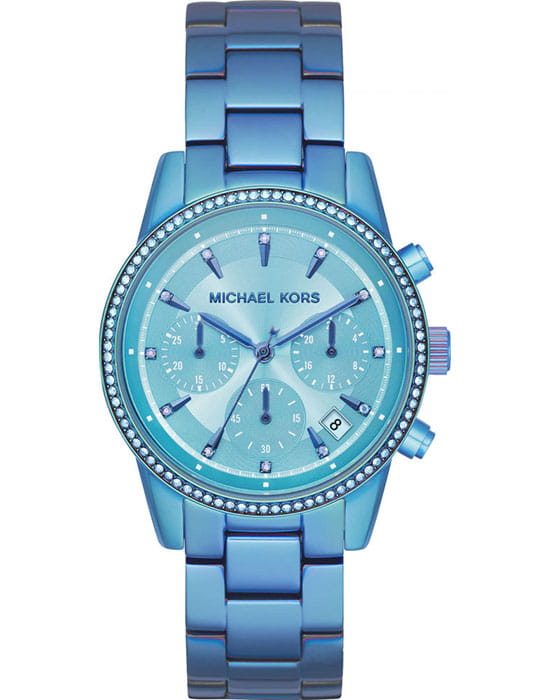 Michael Kors Michael Kors Runway Slim MK6684  MK6684 кварцевые женские часы голубой циферблат, браслет сталь с ip покрытием — вид спереди