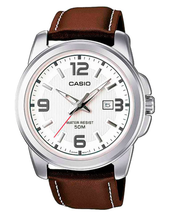 Casio Casio MTP-1314PL-7A  MTP-1314PL-7A кварцевые мужские часы белый циферблат, браслет кожаный — вид спереди