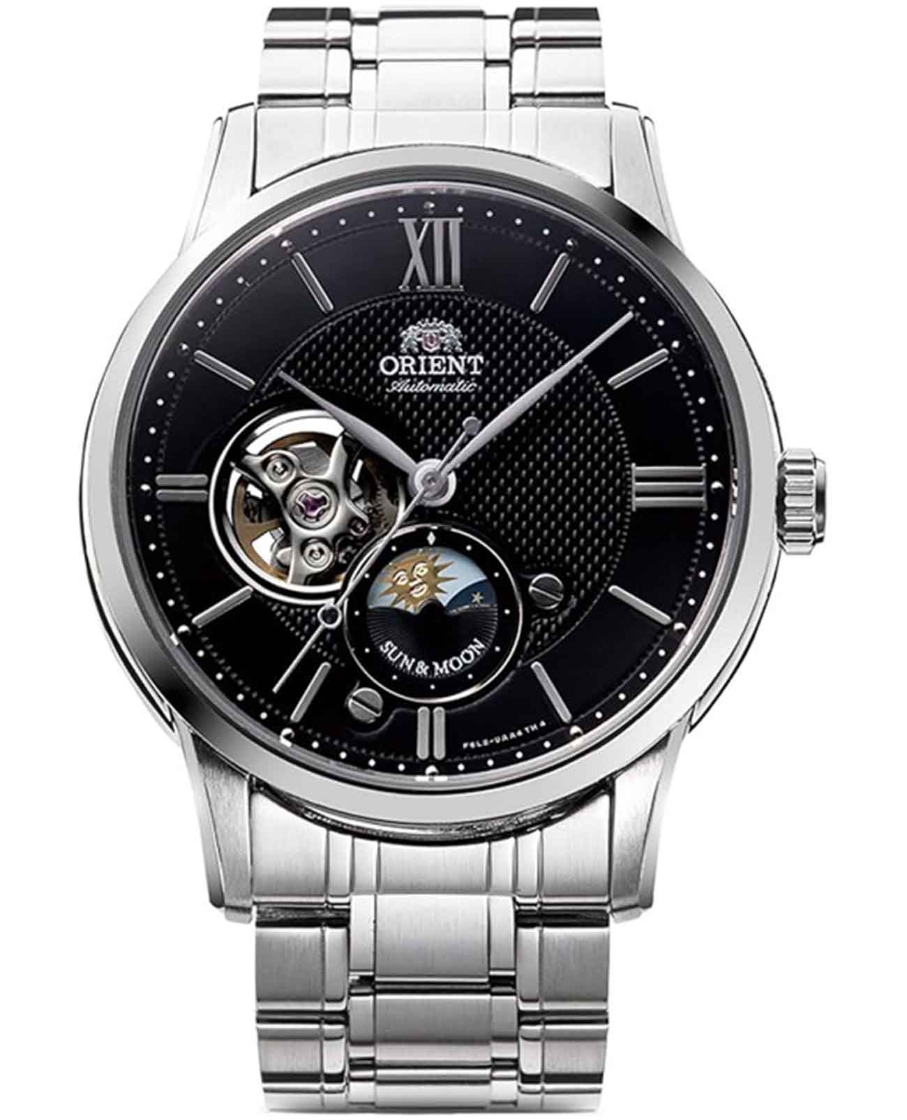 Orient Orient Sun & Moon Classic RA-AS000 (RN-AS0001B)  RA-AS0001B механические мужские часы черный циферблат, браслет нержавеющая сталь — вид спереди