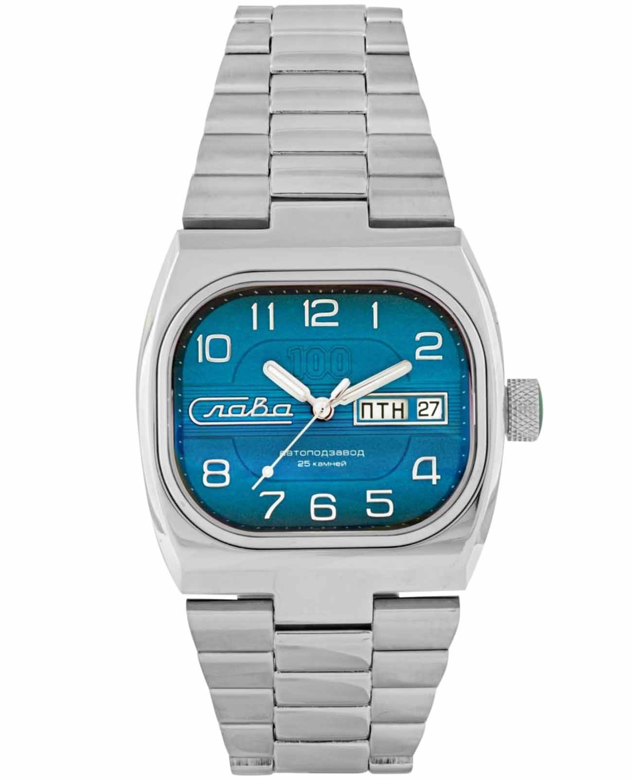 Слава Слава Телевизор 9045565/100-2427  9045565/100-2427 механические мужские часы голубой циферблат, браслет нержавеющая сталь — вид спереди