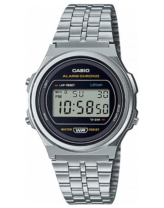 Casio Casio A171WE-1AEF  A171WE-1AEF кварцевые мужские часы черный циферблат, браслет сталь с ip покрытием — вид спереди