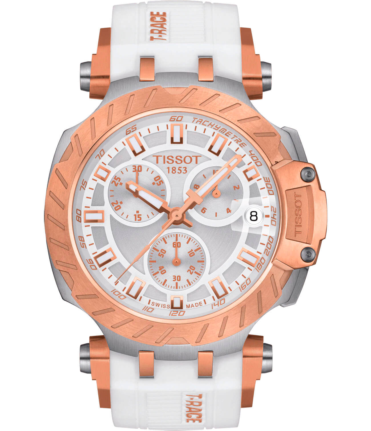 Tissot Tissot T-Race Chronograph T115.417.27.011.01 T Race T1154172701101 кварцевые мужские часы серебристый циферблат, браслет силикон — вид спереди