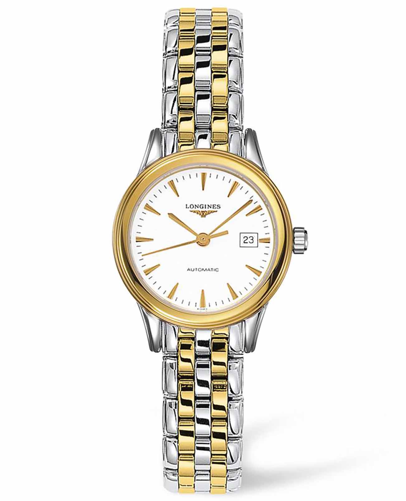 Longines Longines Flagship L4.374.3.22.7  L43743227 механические женские часы белый циферблат, браслет сталь c pvd покрытием — вид спереди