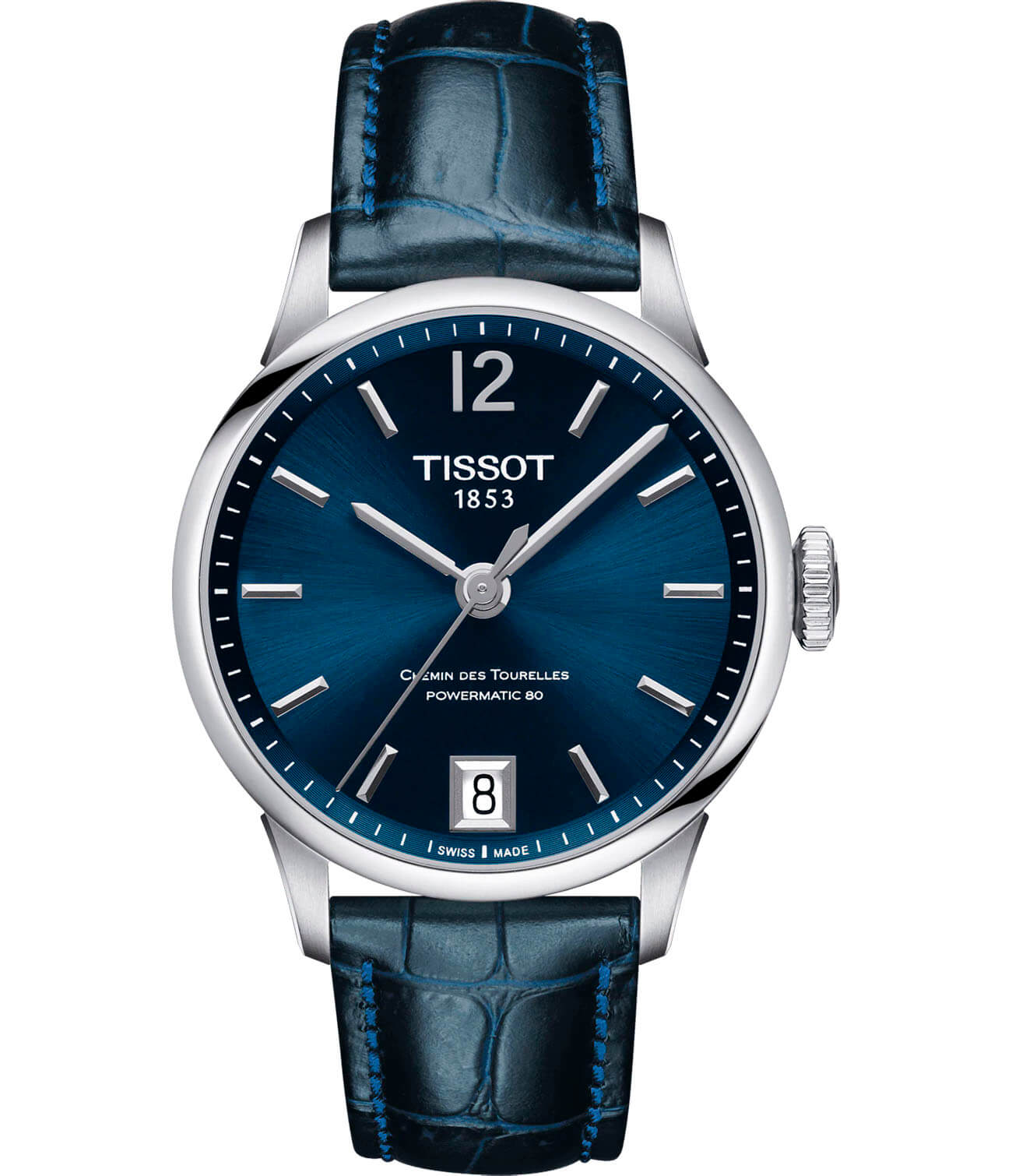 Tissot Tissot Chemin des Tourelles Powermatic 80 Lady T099.207.16.047.00 Chemin des Tourelles T0992071604700 механические женские часы синий циферблат, браслет кожаный — вид спереди